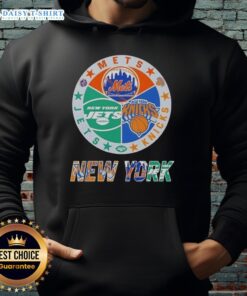 Happy New York City Sports hoodie featuring Mets, Knicks, and Jets logos for fans of NYC teams.