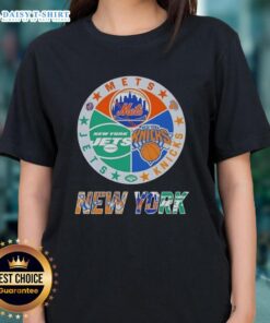 Alt Text: Happy New York City Sports Mets, Knicks, Jets logos combined on a stylish ladies tee for sports fans.