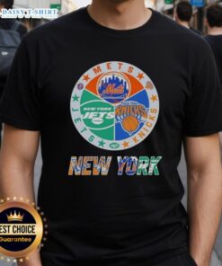 Happy New York City sports t-shirt featuring Mets, Knicks, and Jets logos in a vibrant design for fans.