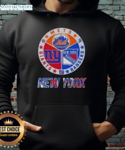 Alt Text: Stylish hoodie featuring happy New York City sports logos: Mets, Rangers, and Giants, perfect for fans.