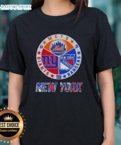 Happy New York City Sports Mets, Rangers, Giants logos on a ladies tee shirt, perfect for NYC sports fans.