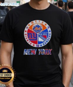 Happy New York City sports t-shirt featuring Mets, Rangers, and Giants logos in a vibrant design.