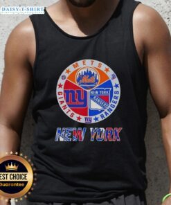 Happy New York City Sports Mets, Rangers, and Giants logos combine on a stylish tank top for sports fans.