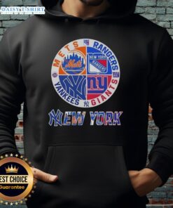 Happy New York City sports hoodie featuring Mets, Rangers, Giants, and Yankees logos for fans and sports enthusiasts.