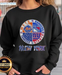 NYC sports sweatshirt featuring Mets, Rangers, Giants, and Yankees logos for fans of New York teams.