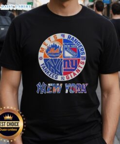 Happy New York City sports t-shirt featuring Mets, Rangers, Giants, and Yankees logos, perfect for NYC sports fans.