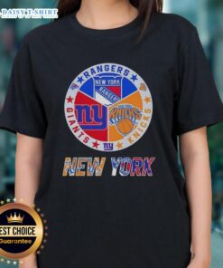 Happy New York City sports logos for Rangers, Knicks, and Giants on a ladies tee shirt design.