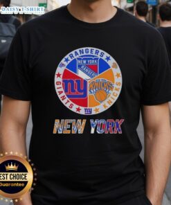 Happy New York City Sports Rangers, Knicks, Giants logos on a stylish combine t-shirt for fans of NYC teams.