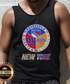 Happy New York City sports tank top featuring Rangers, Knicks, and Giants logos, perfect for sports fans.