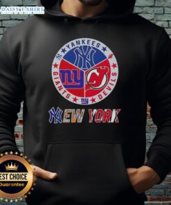 Alt Text: Happy New York City Sports hoodie featuring Yankees, Devils, and Giants logos combined in a stylish design.