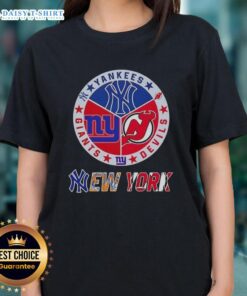Happy New York City Sports tee featuring Yankees, Devils, and Giants logos for ladies' casual wear.