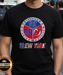Happy New York City Sports T-Shirt featuring Yankees, Devils, and Giants logos in a stylish design.