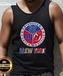 Alt Text: Happy New York City sports tank top featuring Yankees, Devils, and Giants logos for passionate fans.