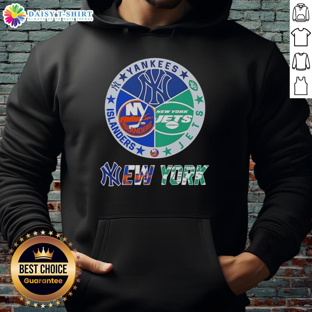 Happy New York City Sports Yankees Jets Islanders Logos Combine Hoodie Alt Text: Happy New York City sports hoodie featuring Yankees, Jets, and Islanders logos for fans of NYC teams.