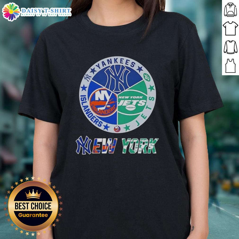 Happy New York City Sports Yankees Jets Islanders Logos Combine Ladies Tee Happy New York City sports logos for Yankees, Jets, and Islanders combined on a ladies tee shirt design.