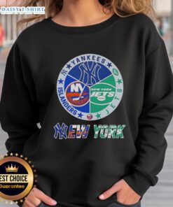 Happy New York City Sports sweatshirt featuring Yankees, Jets, and Islanders logos for fans of NYC teams.