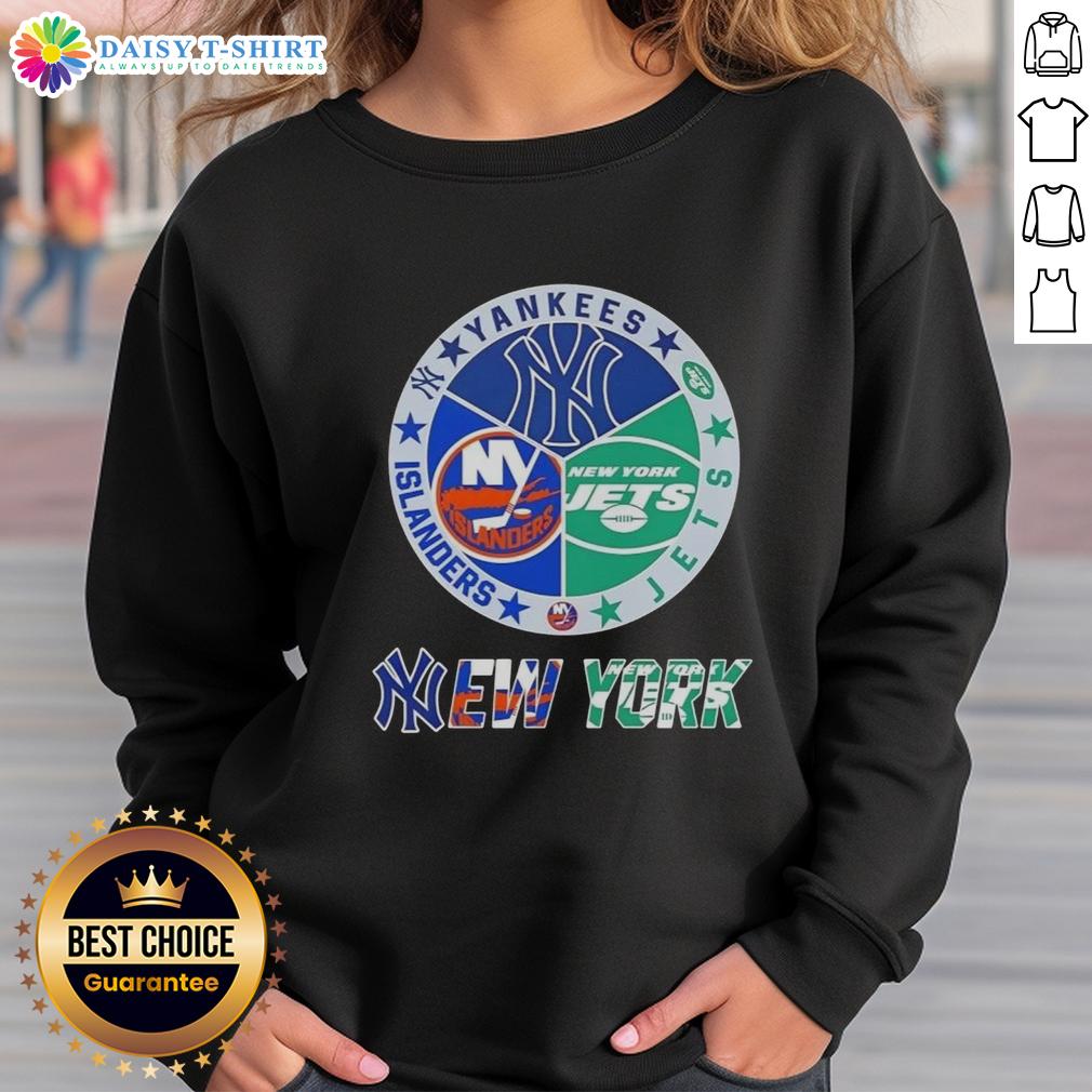 Happy New York City Sports Yankees Jets Islanders Logos Combine Sweatshirt Happy New York City Sports sweatshirt featuring Yankees, Jets, and Islanders logos for fans of NYC teams.