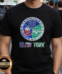 Happy New York City Sports T-Shirt featuring Yankees, Jets, and Islanders logos for fans celebrating their favorite teams.
