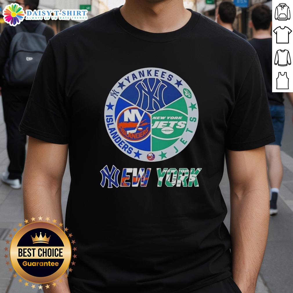 Happy New York City Sports Yankees Jets Islanders Logos Combine T Shirt Happy New York City Sports T-Shirt featuring Yankees, Jets, and Islanders logos for fans celebrating their favorite teams.