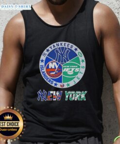 Happy New York City Sports tank top featuring Yankees, Jets, and Islanders logos, perfect for sports fans.