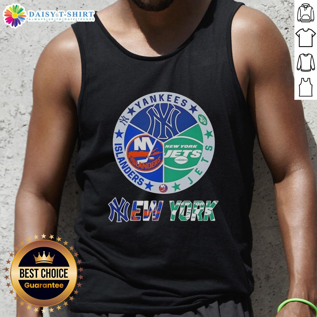 Happy New York City Sports Yankees Jets Islanders Logos Combine Tank Top Happy New York City Sports tank top featuring Yankees, Jets, and Islanders logos, perfect for sports fans.