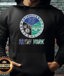 Happy New York City Sports hoodie featuring Yankees, Jets, and Nets logos in a stylish design.