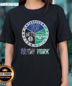 Alt Text: Happy New York City sports logos: Yankees, Jets, Nets on a ladies tee shirt design, perfect for NYC fans.