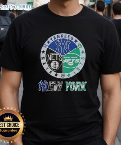 Alt Text: Happy New York City sports t-shirt featuring Yankees, Jets, and Nets logos combined in a vibrant design.