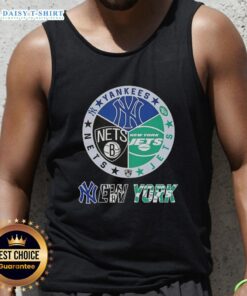 Alt Text: Happy New York City sports tank top featuring Yankees, Jets, and Nets logos, perfect for sports fans.