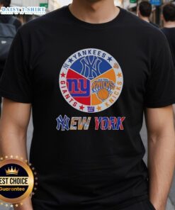 Happy New York City Sports t-shirt featuring Yankees, Knicks, and Giants logos in a stylish design.