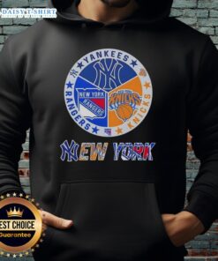 Alt Text: Happy New York City sports hoodie featuring Yankees, Knicks, and Rangers logos, perfect for fans and sports enthusiasts.