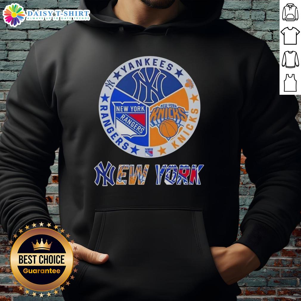 Happy New York City Sports Yankees Knicks Rangers Logos Combine Hoodie Alt Text: Happy New York City sports hoodie featuring Yankees, Knicks, and Rangers logos, perfect for fans and sports enthusiasts.