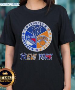 Happy New York City sports logos for Yankees, Knicks, and Rangers on a ladies tee shirt design.