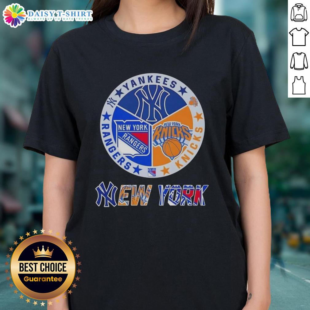 Happy New York City Sports Yankees Knicks Rangers Logos Combine Ladies Tee Happy New York City sports logos for Yankees, Knicks, and Rangers on a ladies tee shirt design.