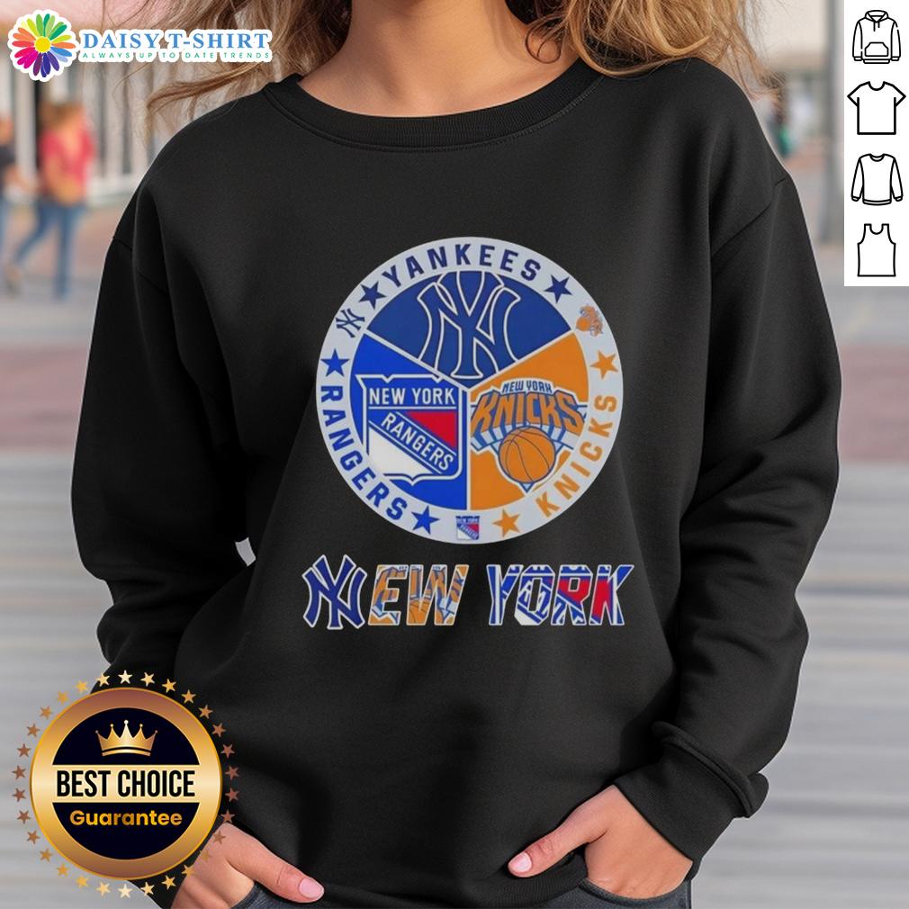 Happy New York City Sports Yankees Knicks Rangers Logos Combine Sweatshirt Alt Text: Happy New York City Sports Yankees Knicks Rangers logos combine sweatshirt showcasing iconic team designs.