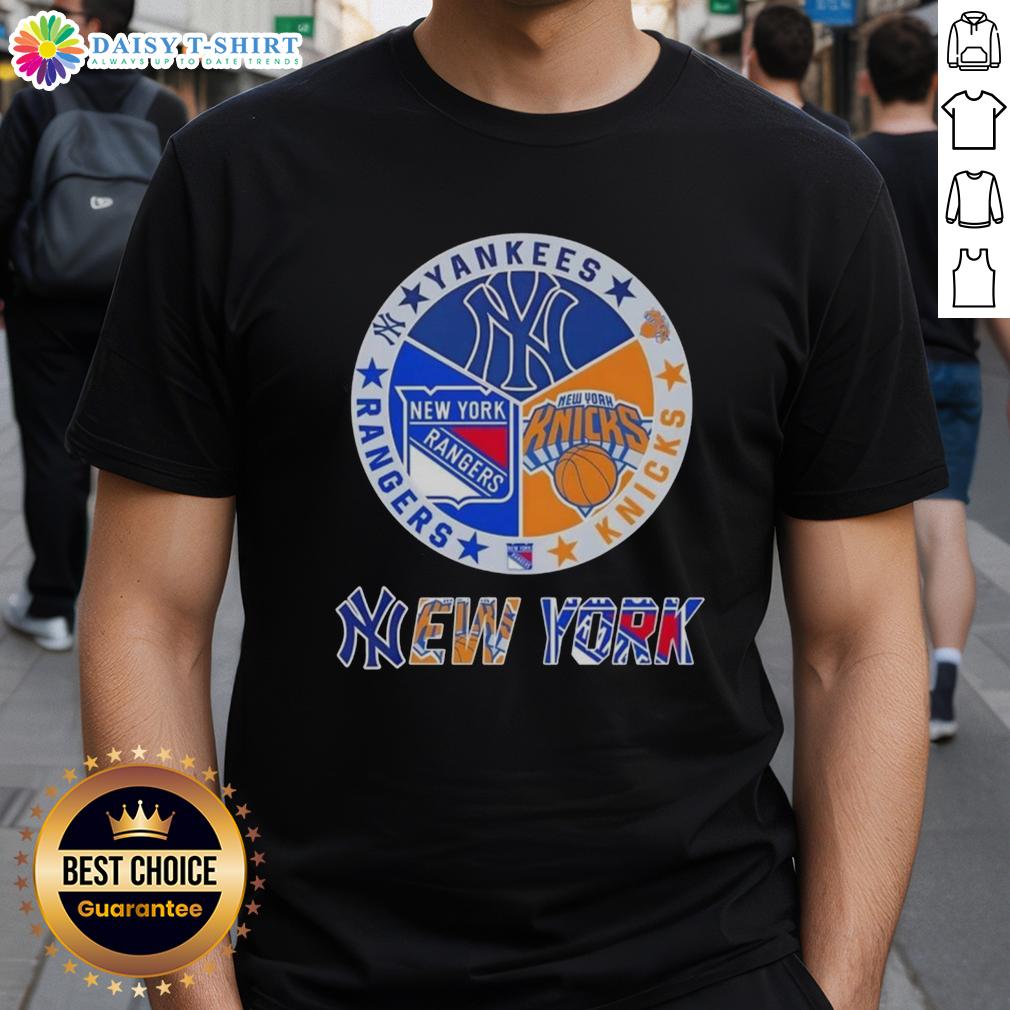 Happy New York City Sports Yankees Knicks Rangers Logos Combine T Shirt Happy New York City sports T-shirt featuring Yankees, Knicks, and Rangers logos in a stylish design.