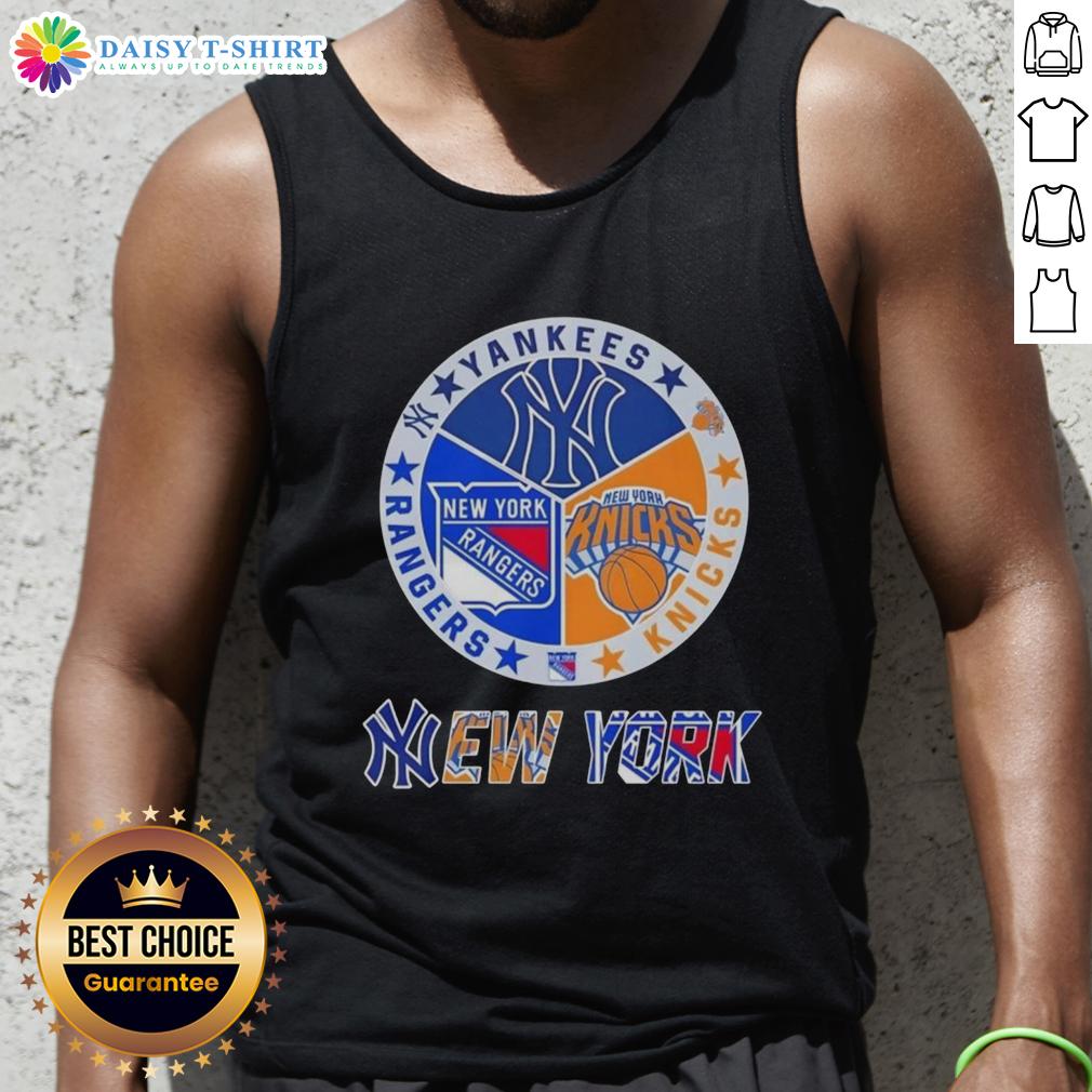 Happy New York City Sports Yankees Knicks Rangers Logos Combine Tank Top Alt Text: Happy New York City Sports tank top featuring Yankees, Knicks, and Rangers logos for passionate fans.