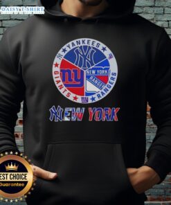 Happy New York City Sports hoodie featuring Yankees, Rangers, and Giants logos for passionate fans.