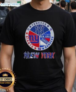 Alt Text: Happy New York City sports t-shirt featuring Yankees, Rangers, and Giants logos combined in vibrant design.