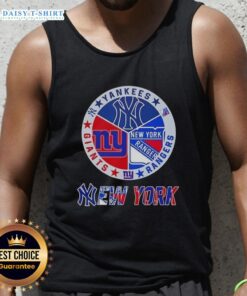 Alt Text: Happy New York City sports tank top featuring Yankees, Rangers, and Giants logos for fans and sports enthusiasts.