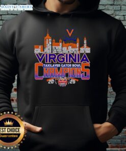 Happy Skyline Virginia TaxSlayer Gator Bowl Champions 2025 Hoodie featuring vibrant colors and team logo.
