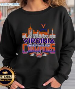 Alt Text: Happy Skyline Virginia TaxSlayer Gator Bowl Champions 2025 sweatshirt featuring vibrant colors and celebratory design.
