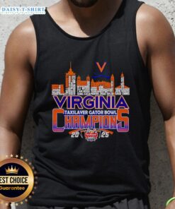 Alt Text: Happy Skyline Virginia TaxSlayer Gator Bowl Champions 2025 tank top highlighting team spirit and celebration.
