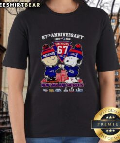 Alt Text: Happy Snoopy and Charlie Brown in New England Patriots football gear, celebrating 67 years of history on a ladies tee.