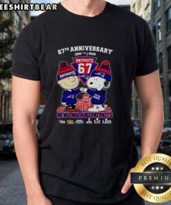 Alt Text: Happy Snoopy and Charlie Brown New England Patriots football t-shirt celebrating 67 years of history, 1959-2026.