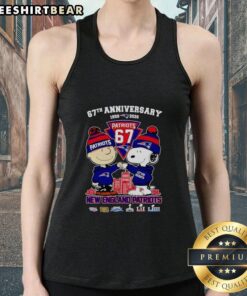 Alt Text: Happy Snoopy and Charlie Brown in New England Patriots tank top celebrating 67 years of football history (1959-2026).