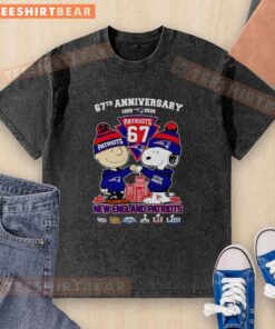 Alt Text: Happy Snoopy and Charlie Brown on a New England Patriots football t-shirt celebrating 67 years of history, 1959-2026.