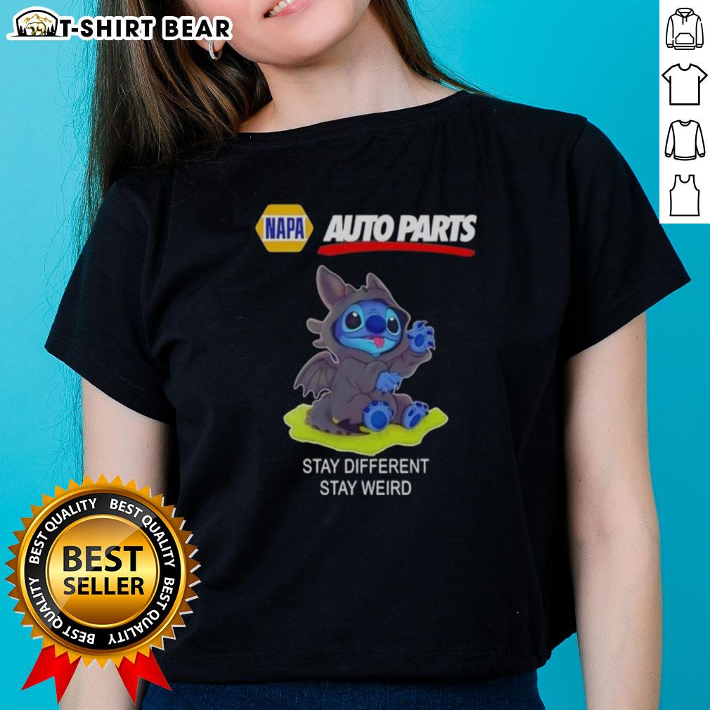 Happy Stitch Cosplay Toothless X Napa Auto Parts Stay Different Stay Weird Ladies-Tee Happy Stitch Cosplay Toothless X Napa Auto Parts tee, featuring a quirky design that celebrates individuality and creativity.