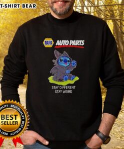 Happy Stitch Cosplay sweatshirt featuring Toothless and Napa Auto Parts design, promoting 'Stay Different, Stay Weird' slogan.
