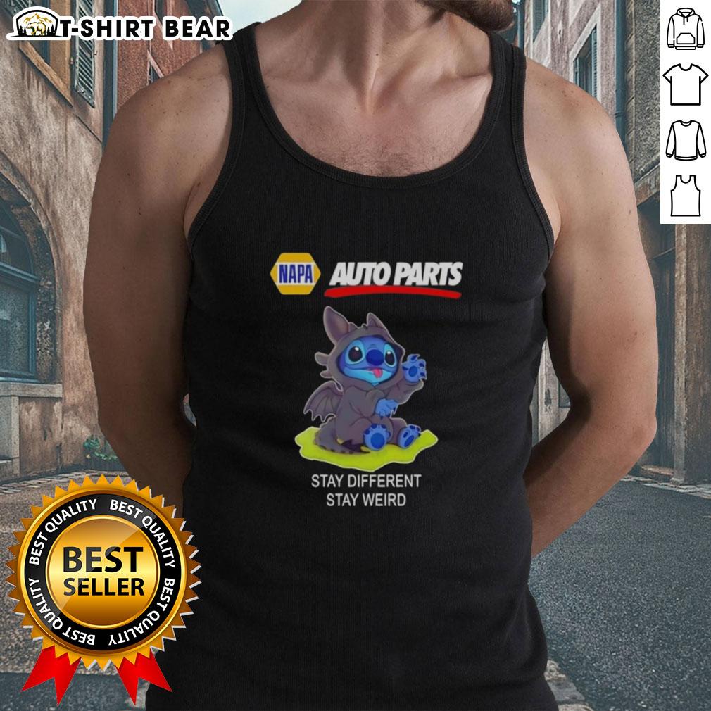 Happy Stitch Cosplay Toothless X Napa Auto Parts Stay Different Stay Weird Tank Top Happy Stitch cosplay wearing a Toothless tank top from Napa Auto Parts, promoting 'Stay Different, Stay Weird' style.